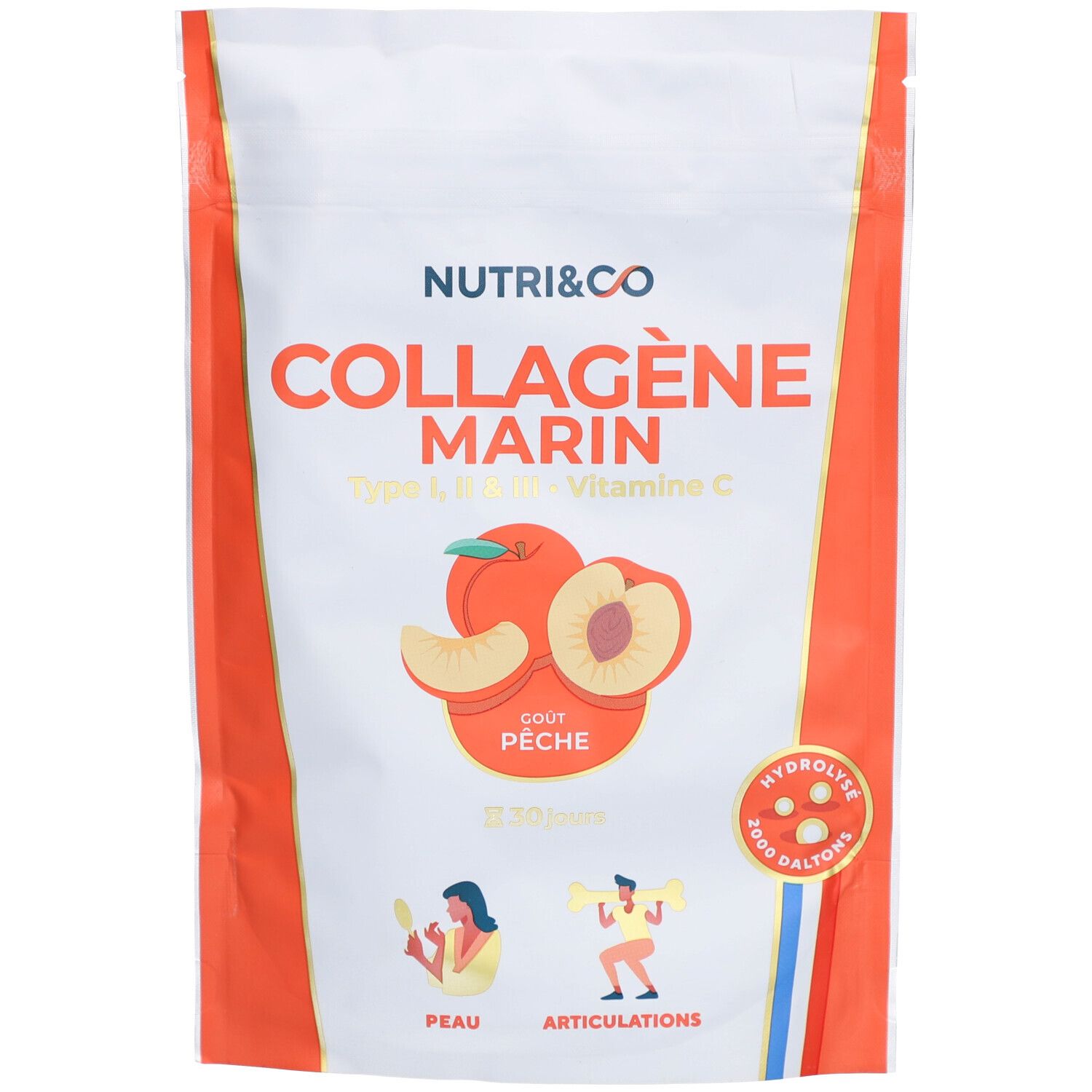 Sachet de NUTRI&CO Collagène Marin, goût pêche. Contient types I, II & III, vitamine C. Illustration de pêches.