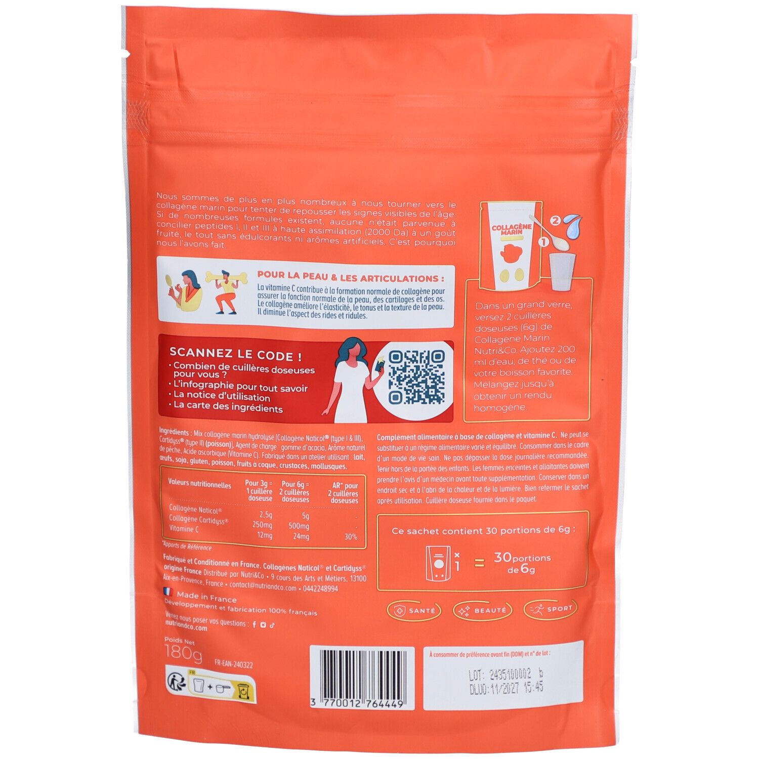 Dos du sachet avec informations sur NUTRI&CO Collagène Marin. Contient code QR, informations nutritionnelles et ingrédients.