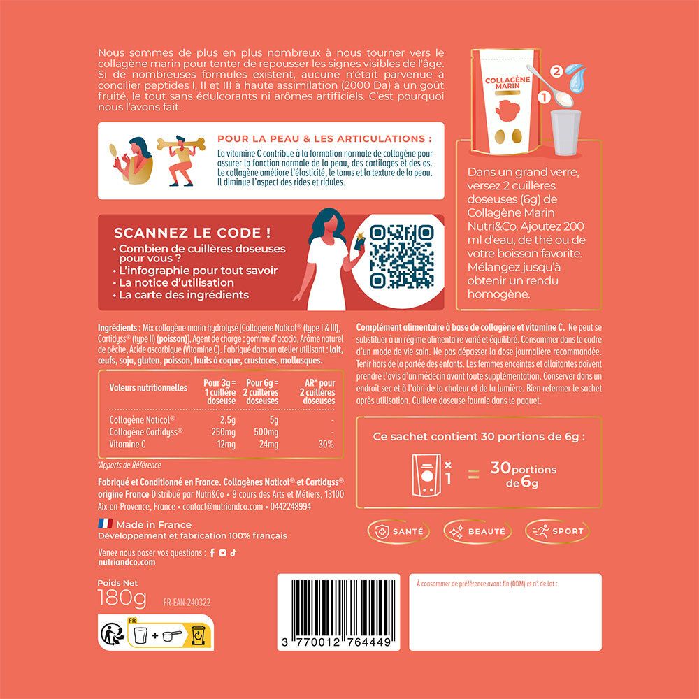 Dos du sachet avec informations sur NUTRI&CO Collagène Marin. Contient code QR, informations nutritionnelles et ingrédients.