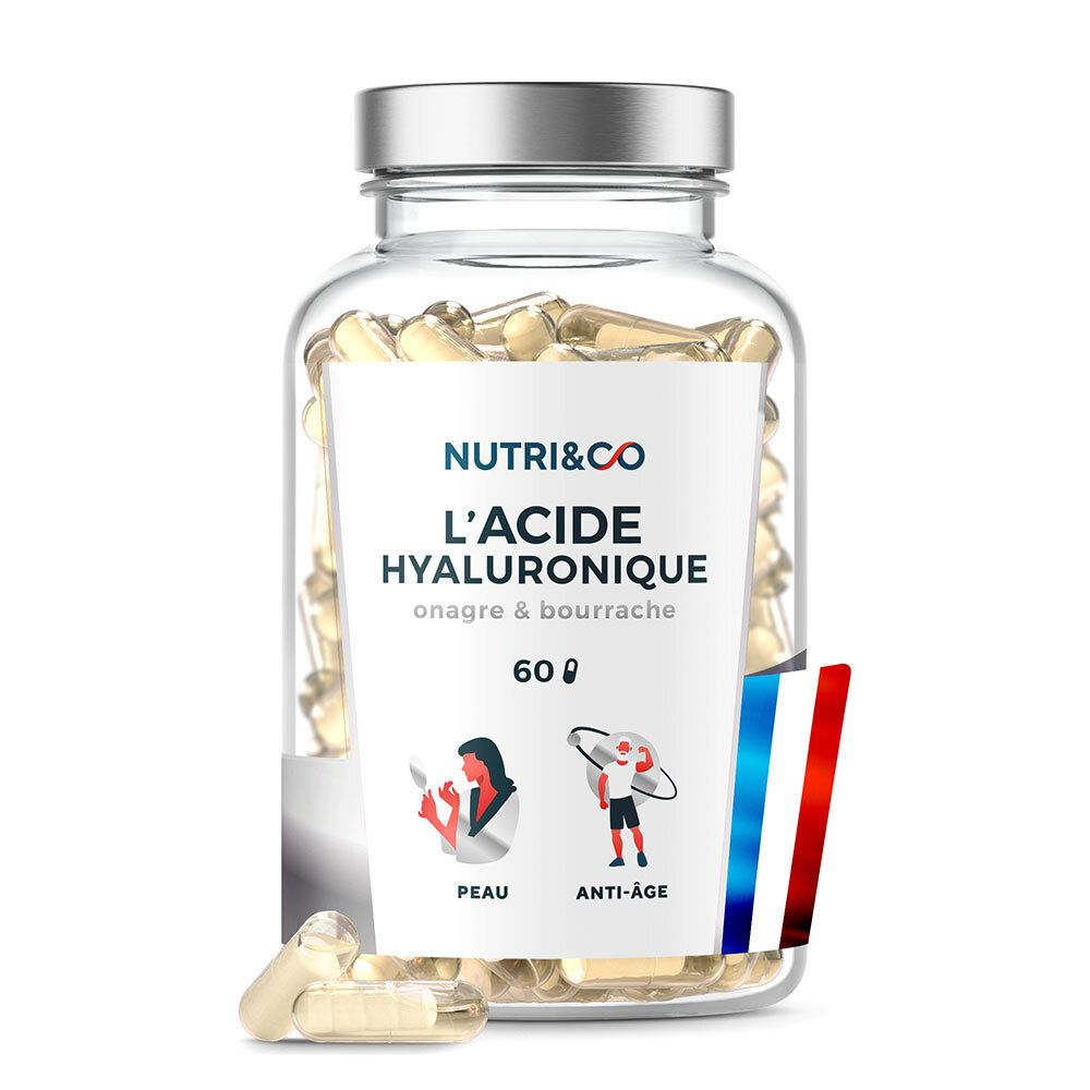 Kapseln in einer Glasflasche. Aufschrift: NUTRI&CO L'ACIDE HYALURONIQUE. 60 Kapseln. Französische Flagge.