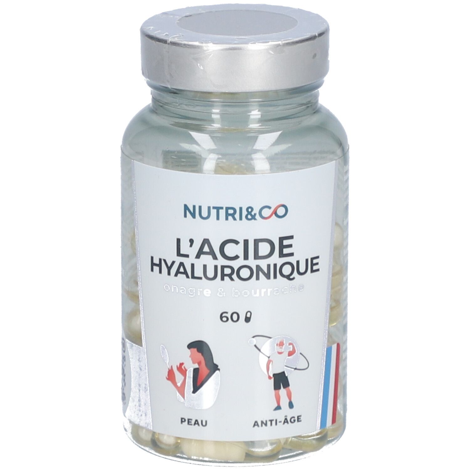 Glasflasche mit Kapseln. Aufschrift: NUTRI&CO L'ACIDE HYALURONIQUE. 60 Kapseln. Französische Flagge.