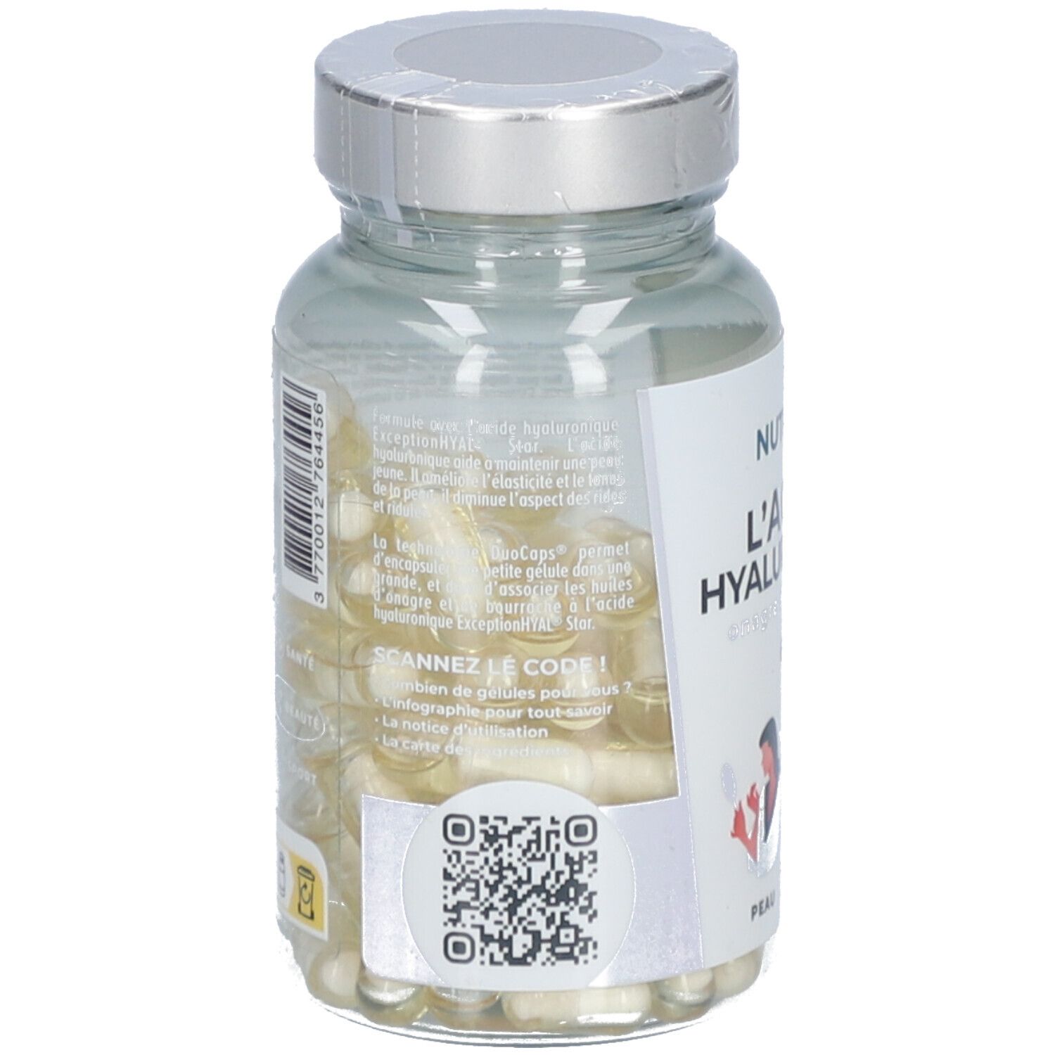 Rückseite der Flasche mit Produktinformationen. QR-Code. Text: L'ACIDE HYALURONIQUE. Französische Flagge.