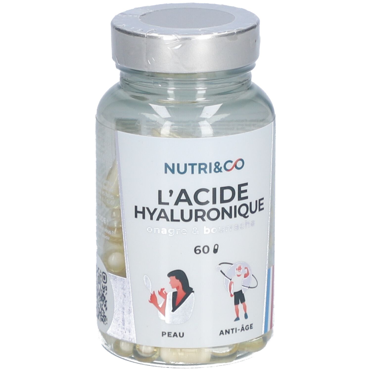 Glasflasche mit Kapseln. Aufschrift: NUTRI&CO L'ACIDE HYALURONIQUE. 60 Kapseln. Französische Flagge.