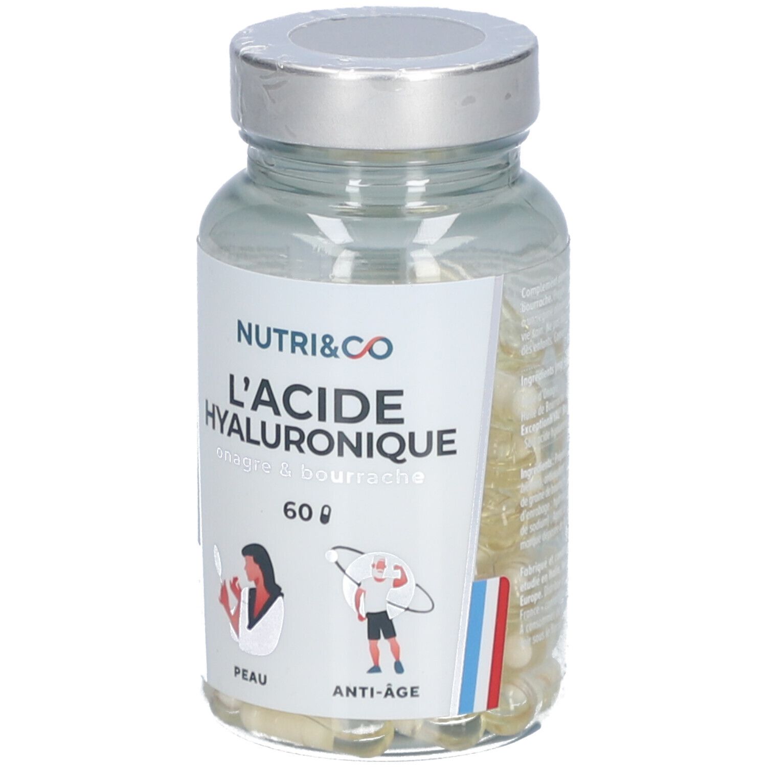 Glasflasche mit Kapseln. Aufschrift: NUTRI&CO L'ACIDE HYALURONIQUE. 60 Kapseln. Französische Flagge.