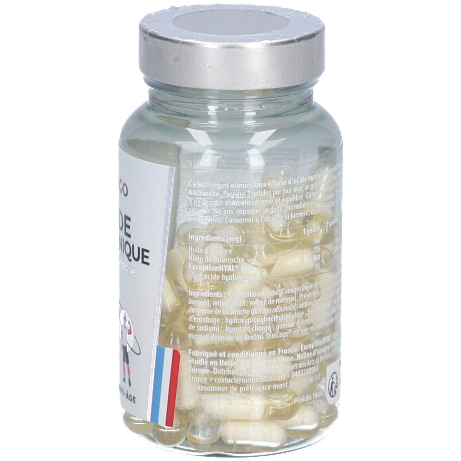 Rückseite der Flasche mit Produktinformationen. Text: L'ACIDE HYALURONIQUE. Französische Flagge. Vegan-Logo.
