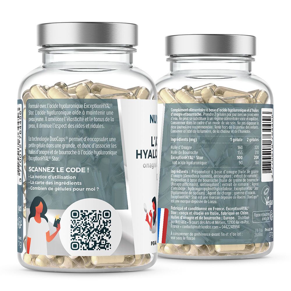 Rückseite der Flasche mit Produktinformationen. QR-Code. Text: L'ACIDE HYALURONIQUE. Französische Flagge. Vegan-Logo.