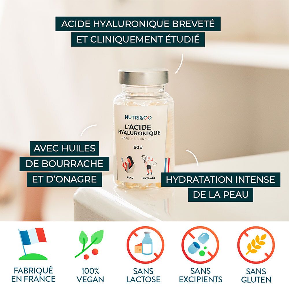 Flasche mit Kapseln. Text: ACIDE HYALURONIQUE BREVETÉ. Mit Ölen von Borretsch und Nachtkerze. Vegan-Logo. Glutenfrei.