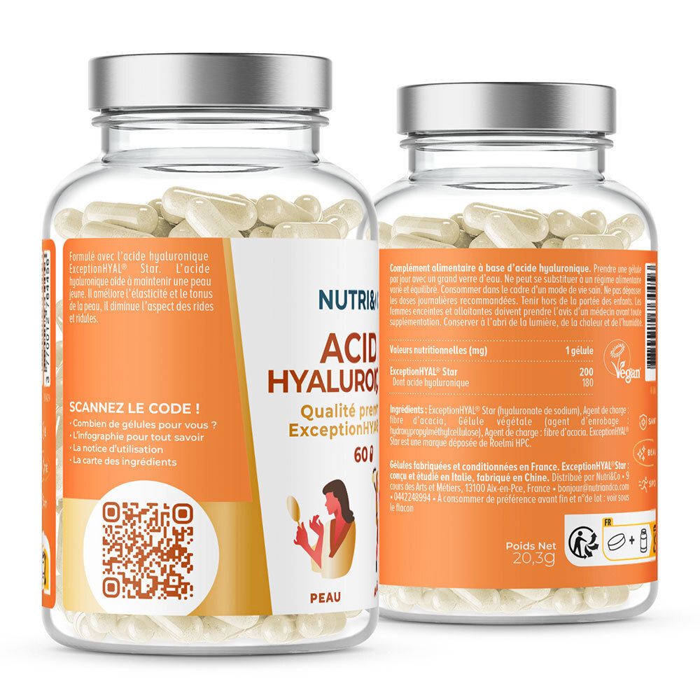 Zwei Flaschen mit Kapseln. Aufkleber mit NUTRI&CO, L'ACIDE HYALURONIQUE, 60 Kapseln. Französische Flagge.