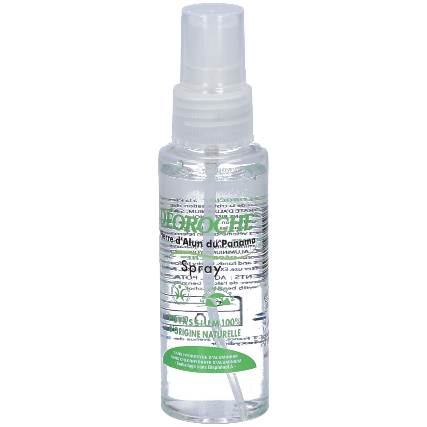 Transparente Sprühflasche mit weißem Sprühkopf. Aufschrift: Déoroche Pierre d'Alun du Panama Spray. Grüne Etiketten.