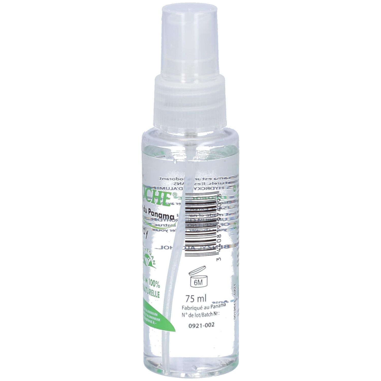 Transparente Sprühflasche mit weißem Sprühkopf. Aufschrift: Déoroche Pierre d'Alun du Panama. 75 ml.