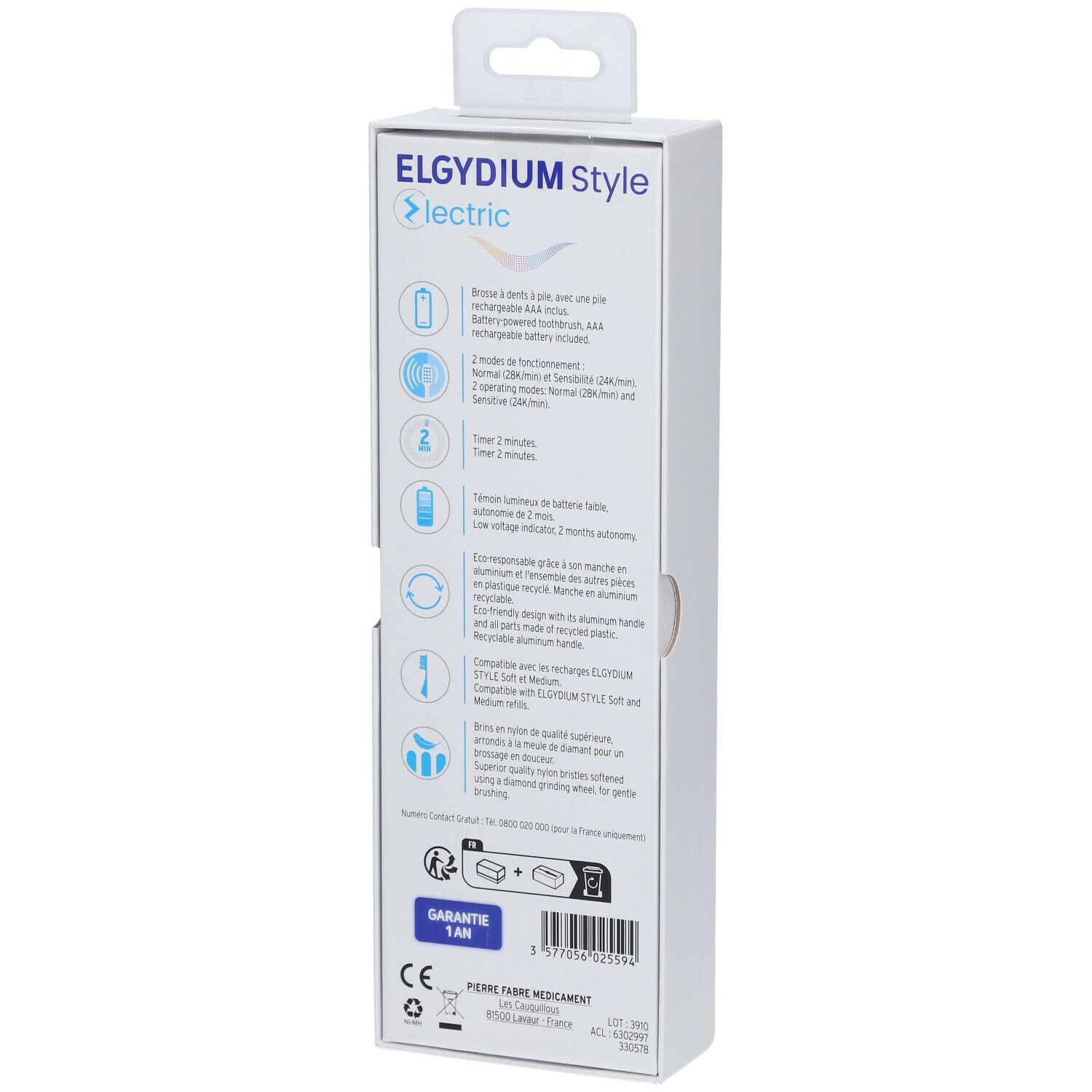 Rückseite der Verpackung einer elektrischen Zahnbürste. Textinformationen, Logos und Produktmerkmale.
