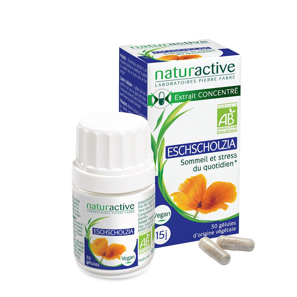 Flacon et boîte blancs d'Eschscholzia. Inscriptions : naturactive, certification AB, 30 gélules, vegan.