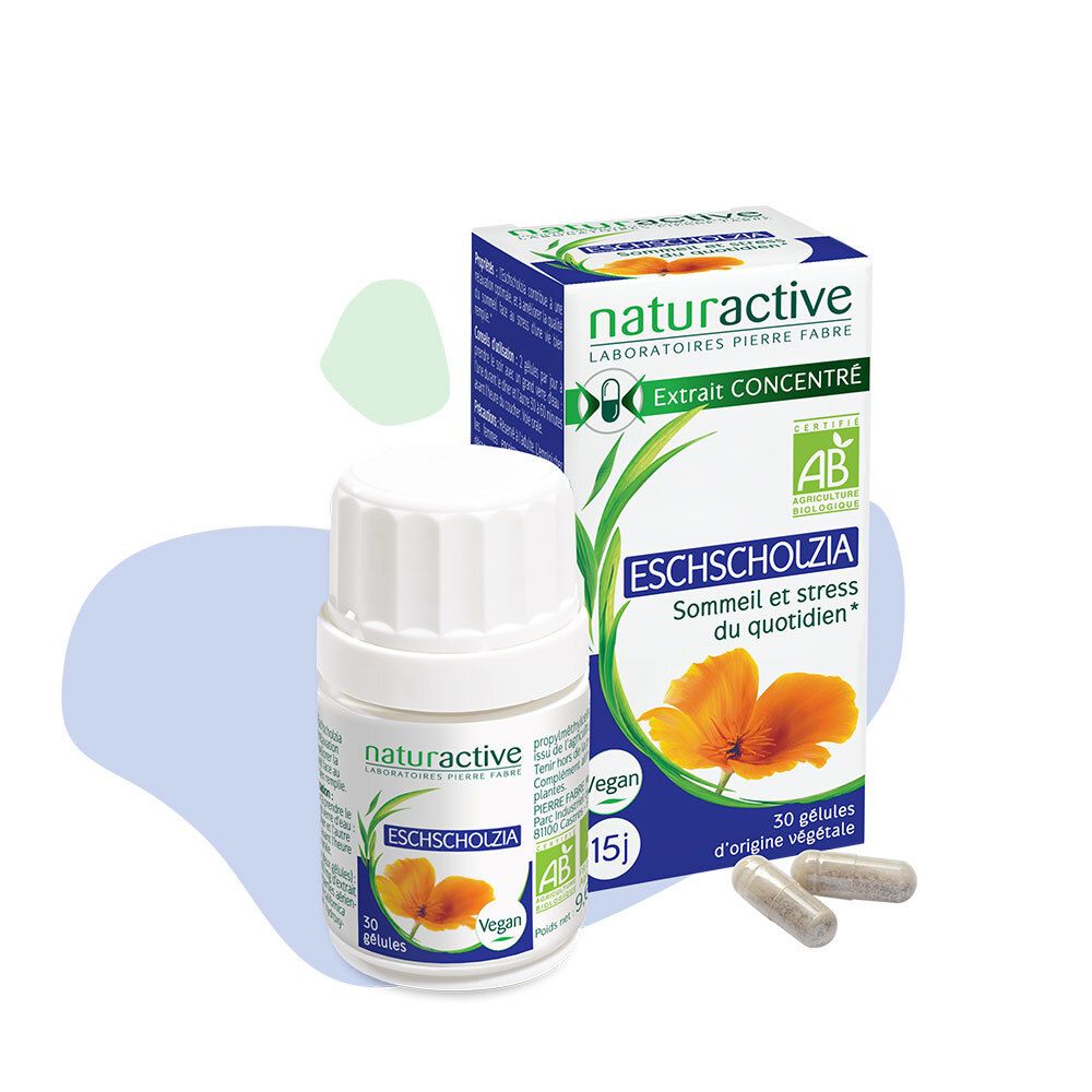 Flacon et boîte blancs d'Eschscholzia. Inscriptions : naturactive, certification AB, 30 gélules, vegan.