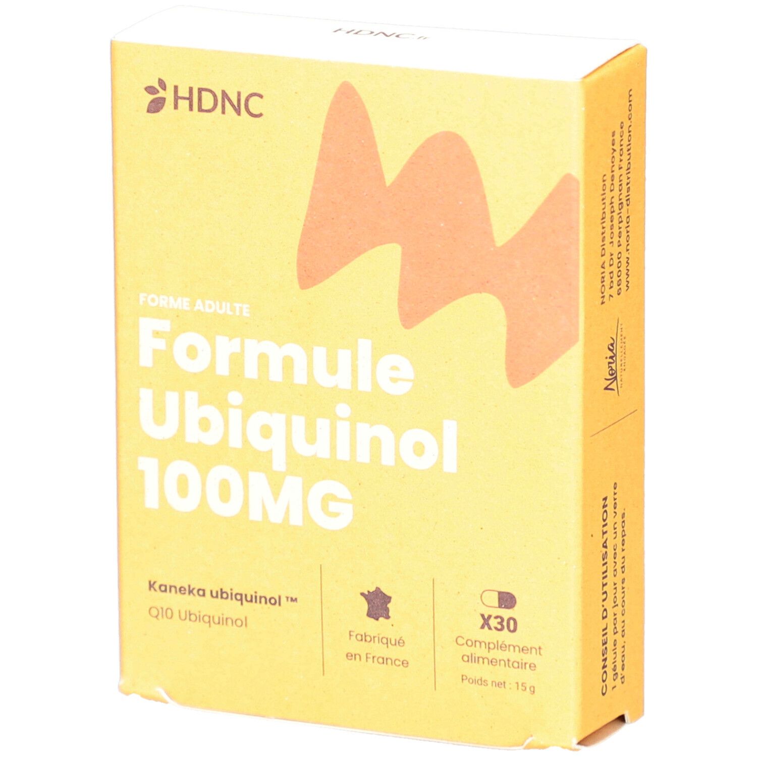 Gelbe Schachtel mit HDNC-Logo. Aufschrift: Formule Ubiquinol 100MG. Enthält 30 Kapseln. Hergestellt in Frankreich.
