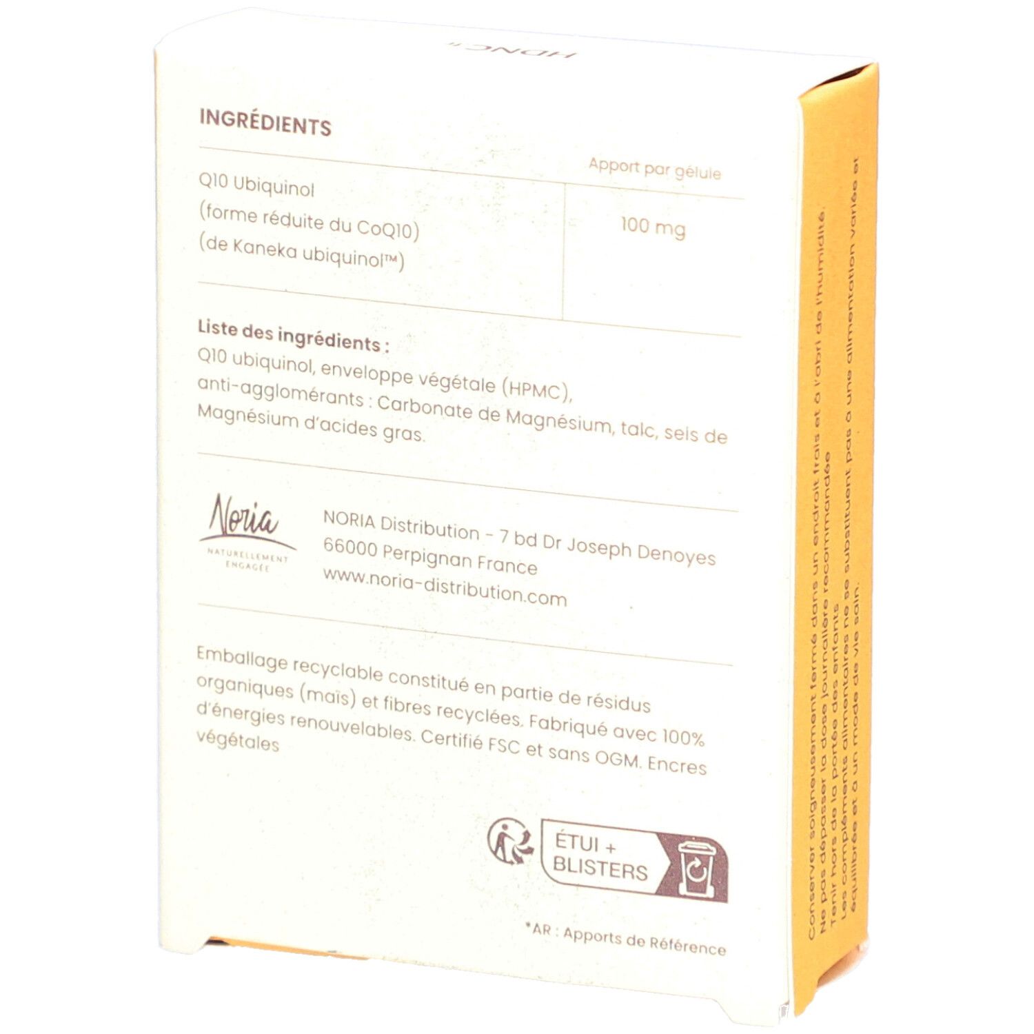 Rückseite der gelben Schachtel. Enthält Inhaltsstoffe und Herstellerinformationen. FSC-Zertifizierung.