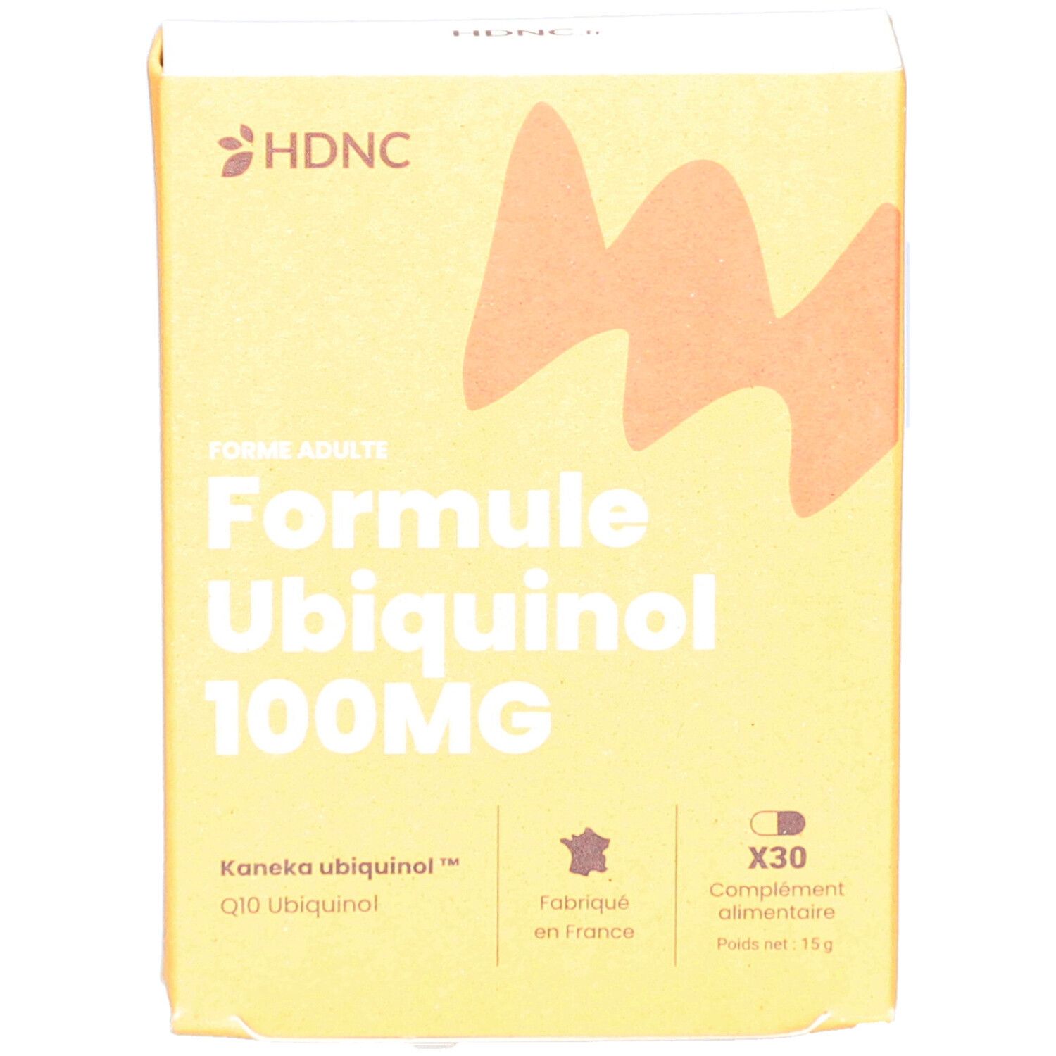 Gelbe Schachtel mit HDNC-Logo. Aufschrift: Formule Ubiquinol 100MG. Enthält 30 Kapseln. Hergestellt in Frankreich.