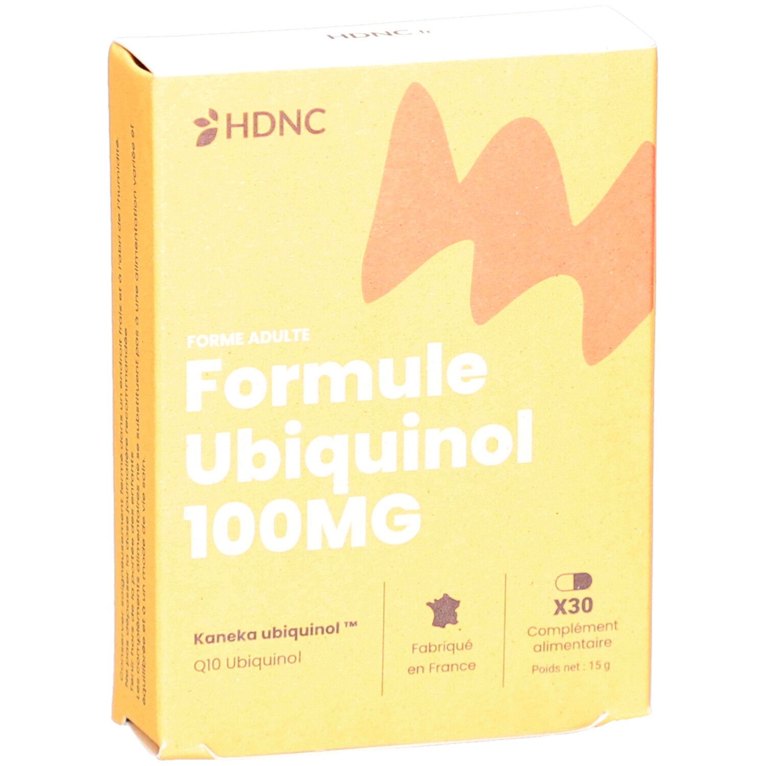 Gelbe Schachtel mit HDNC-Logo. Aufschrift: Formule Ubiquinol 100MG. Enthält 30 Kapseln. Hergestellt in Frankreich.