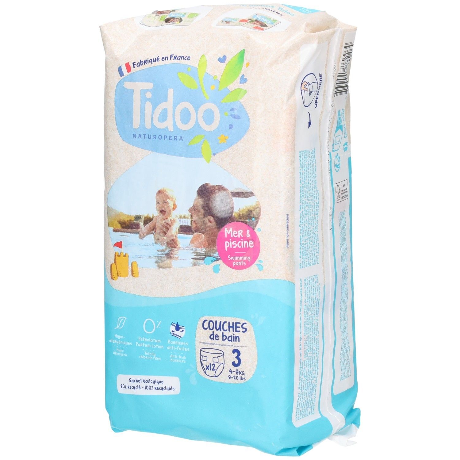 Tidoo Schwimmwindeln Größe 3, 12 Stück, Packung von der Seite.