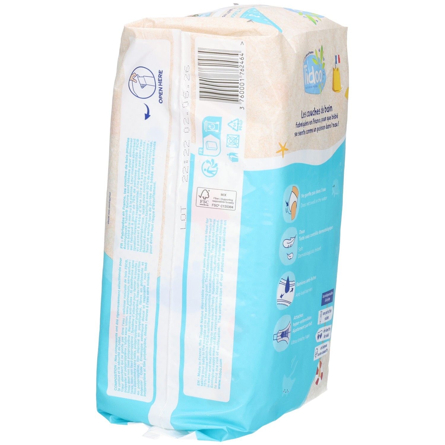 Tidoo Schwimmwindeln Größe 3, 12 Stück, Packung von der Seite.