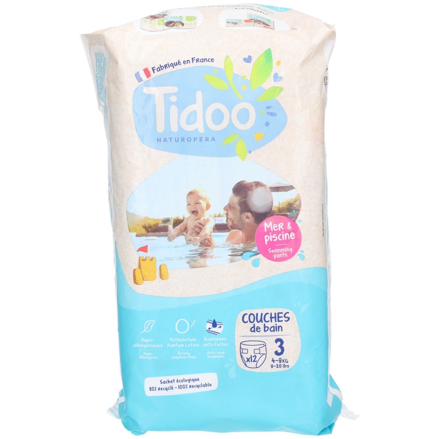 Tidoo Schwimmwindeln Größe 3, 12 Stück, Packung von der Seite.