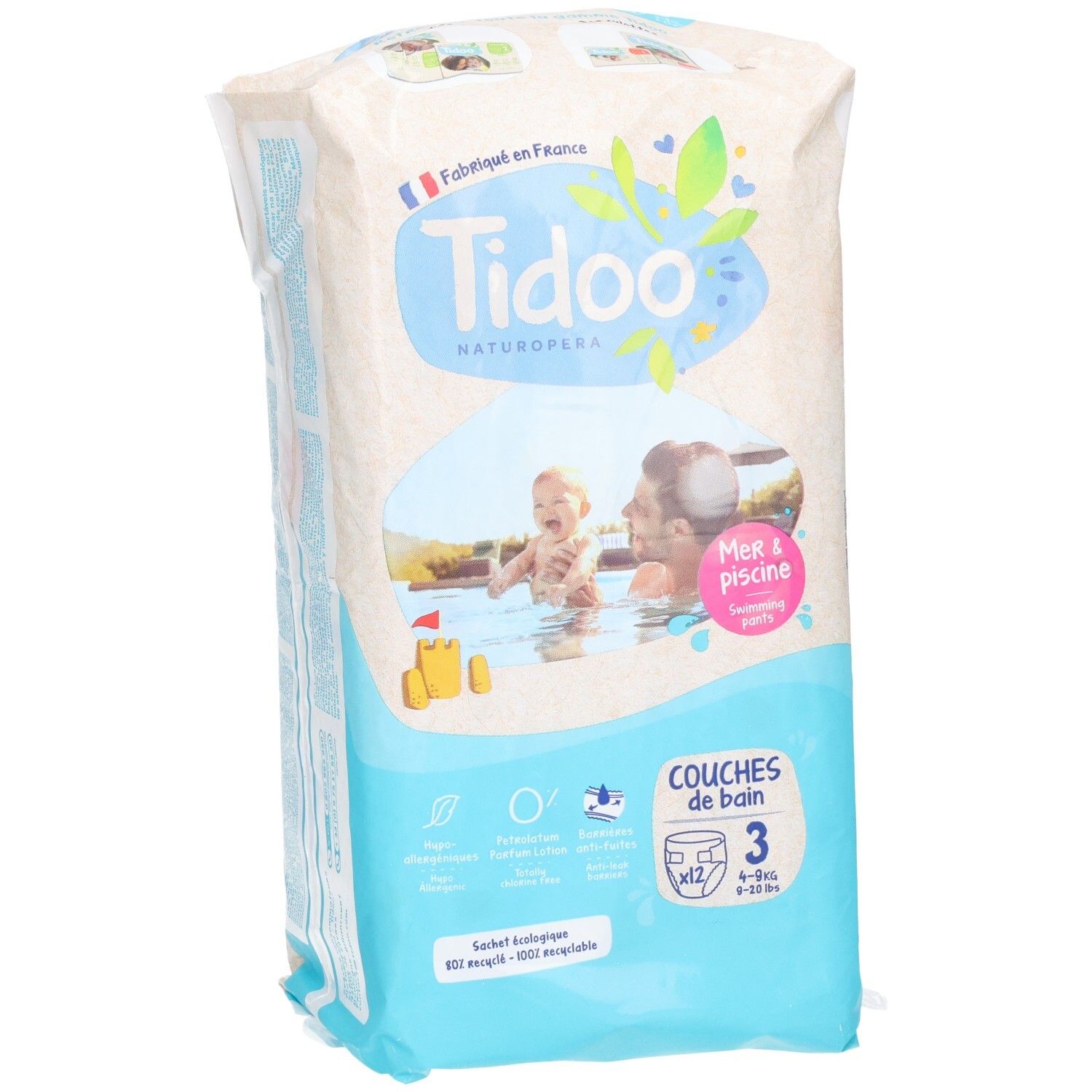 Tidoo Schwimmwindeln Größe 3, 12 Stück, Packung von der Seite.