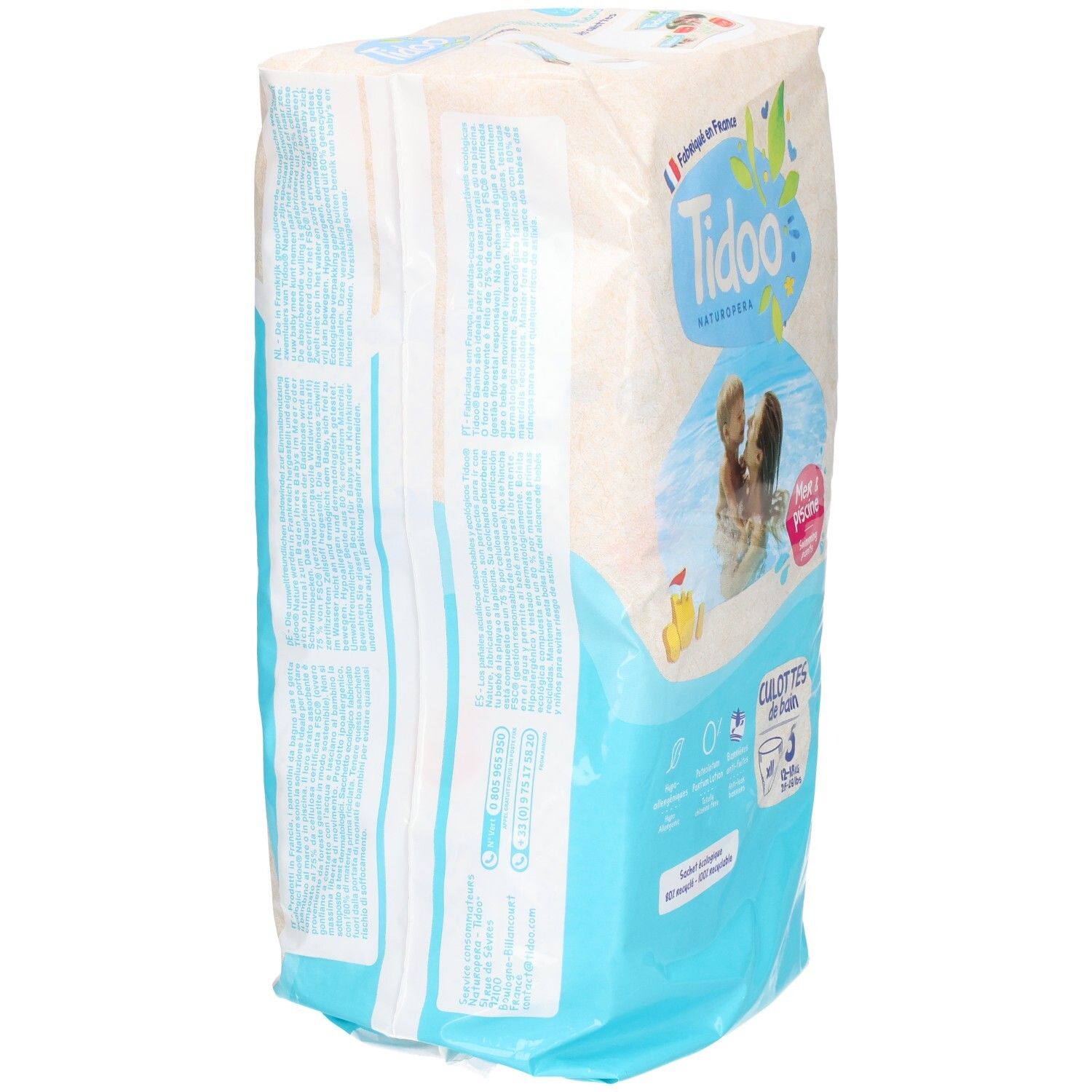 Culottes de bain Tidoo Taille 5, 12 pièces. Vue latérale de l'emballage.