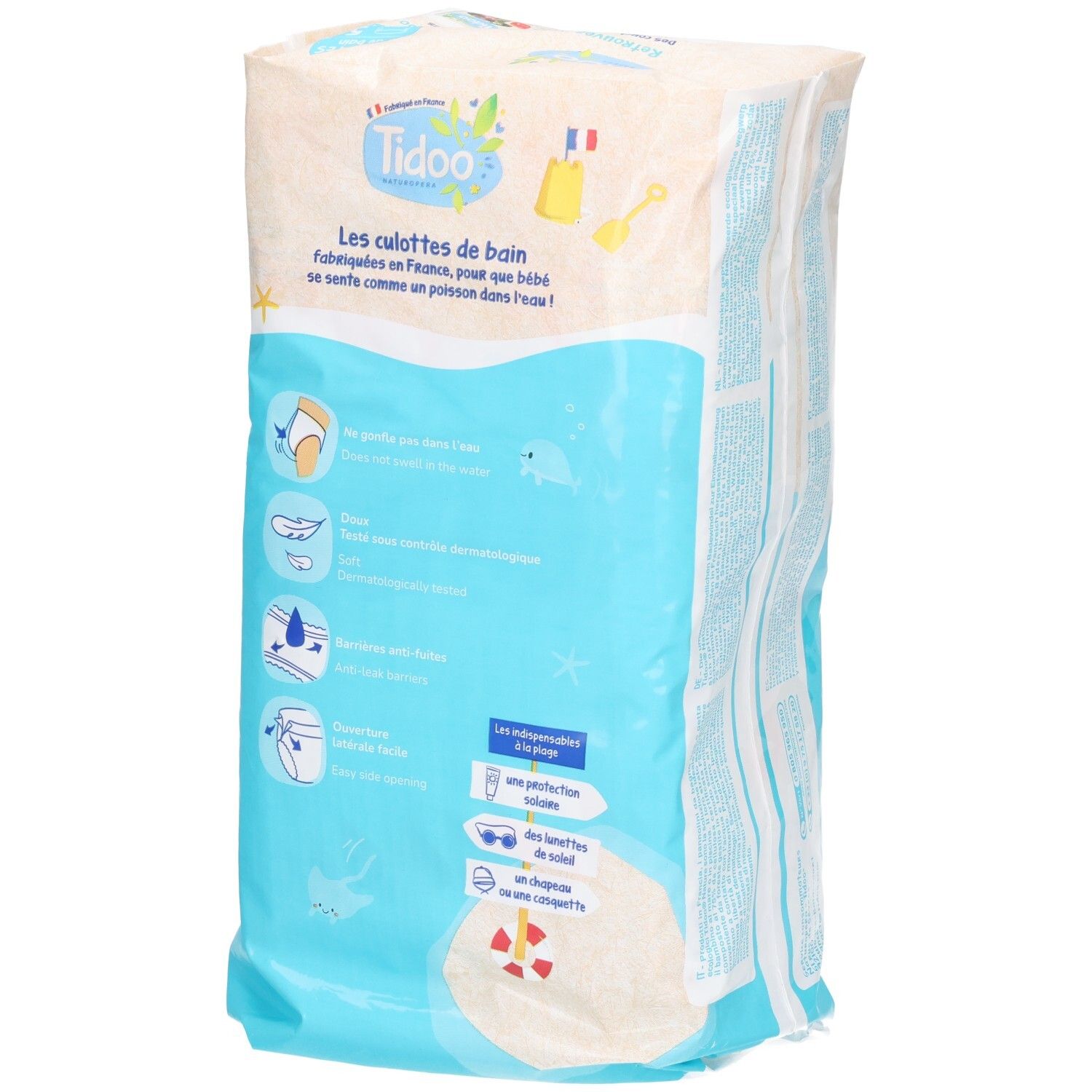 Culottes de bain Tidoo Taille 5, 12 pièces. Arrière de l'emballage avec détails.