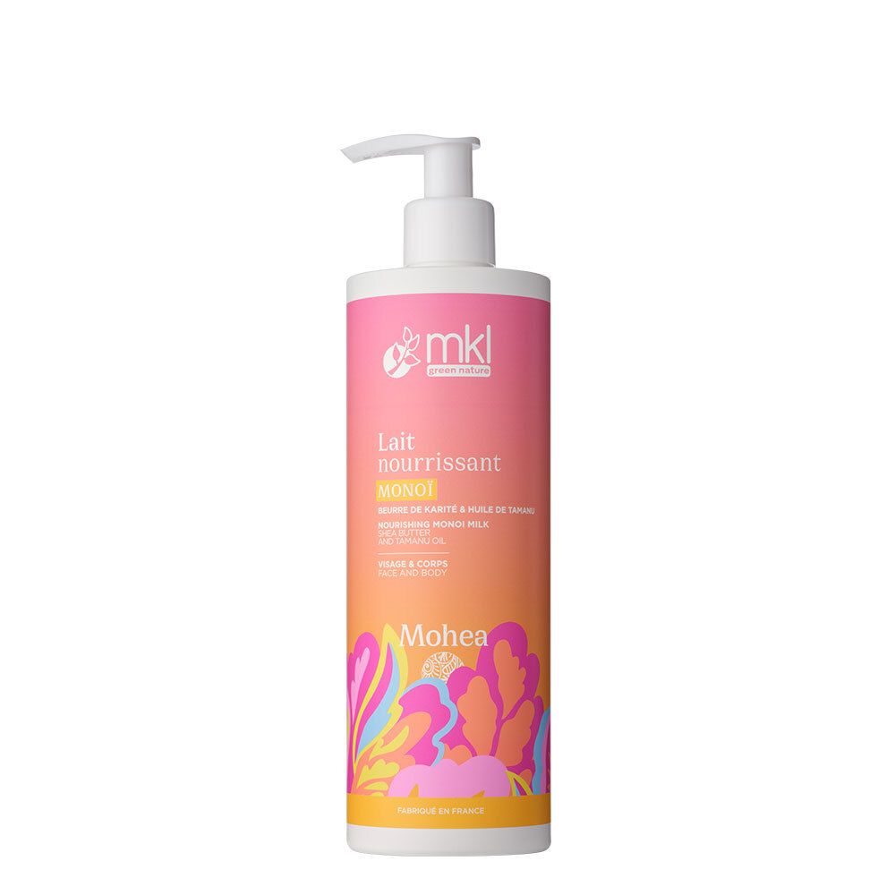 Flasche mit rosa-orangefarbenem Etikett. Aufschrift: Lait Nourrissant Monoi. Mit Spender. Mohea-Logo.