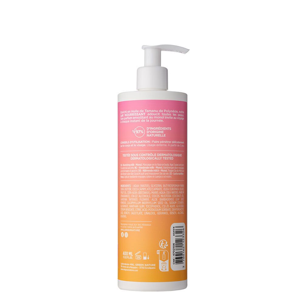 Rückseite der Flasche. Text: Inhaltsstoffe, 98% natürliche Inhaltsstoffe. Dermatologisch getestet. Mit Barcode.