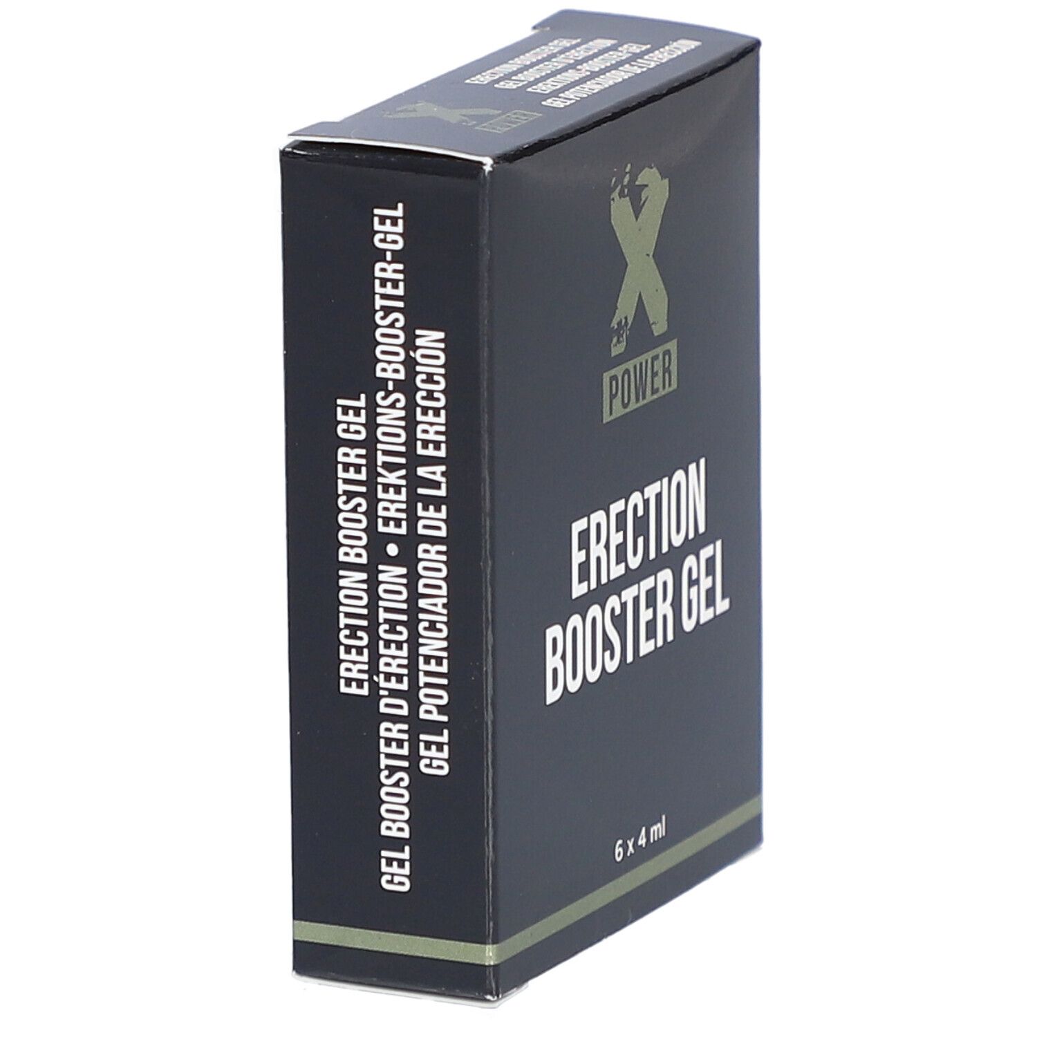 Boîte noire, "XPOWER ERECTION BOOSTER GEL". Latéral: nom du produit en plusieurs langues. 6 x 4 ml.