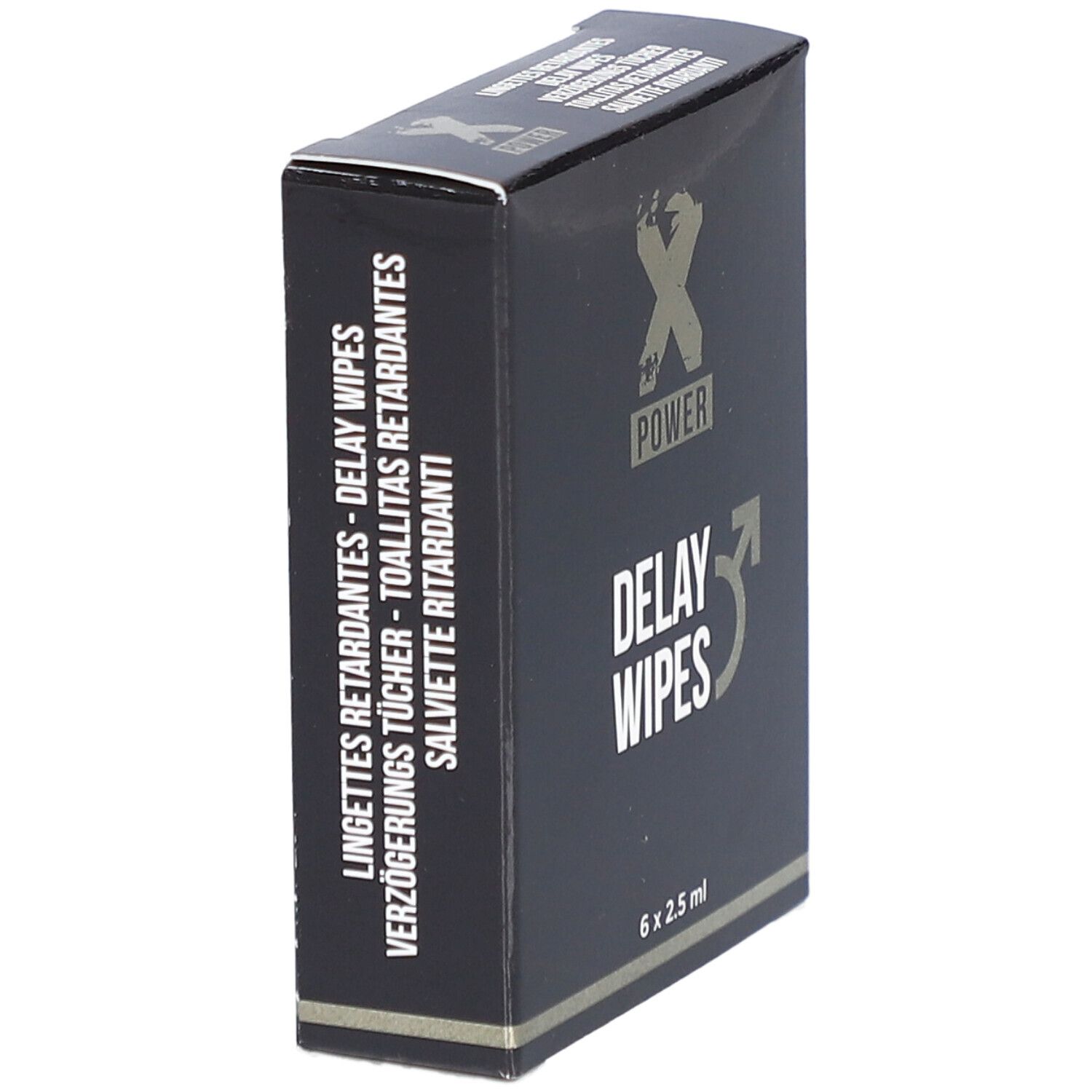 Schwarze Schachtel, "X POWER" Logo und "DELAY WIPES". Text in mehreren Sprachen: Verzögernde Tücher.