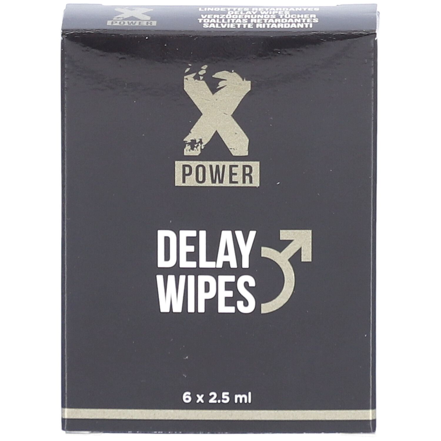 Schwarze Schachtel mit "X POWER" Logo und "DELAY WIPES" Schriftzug. 6 x 2.5 ml.