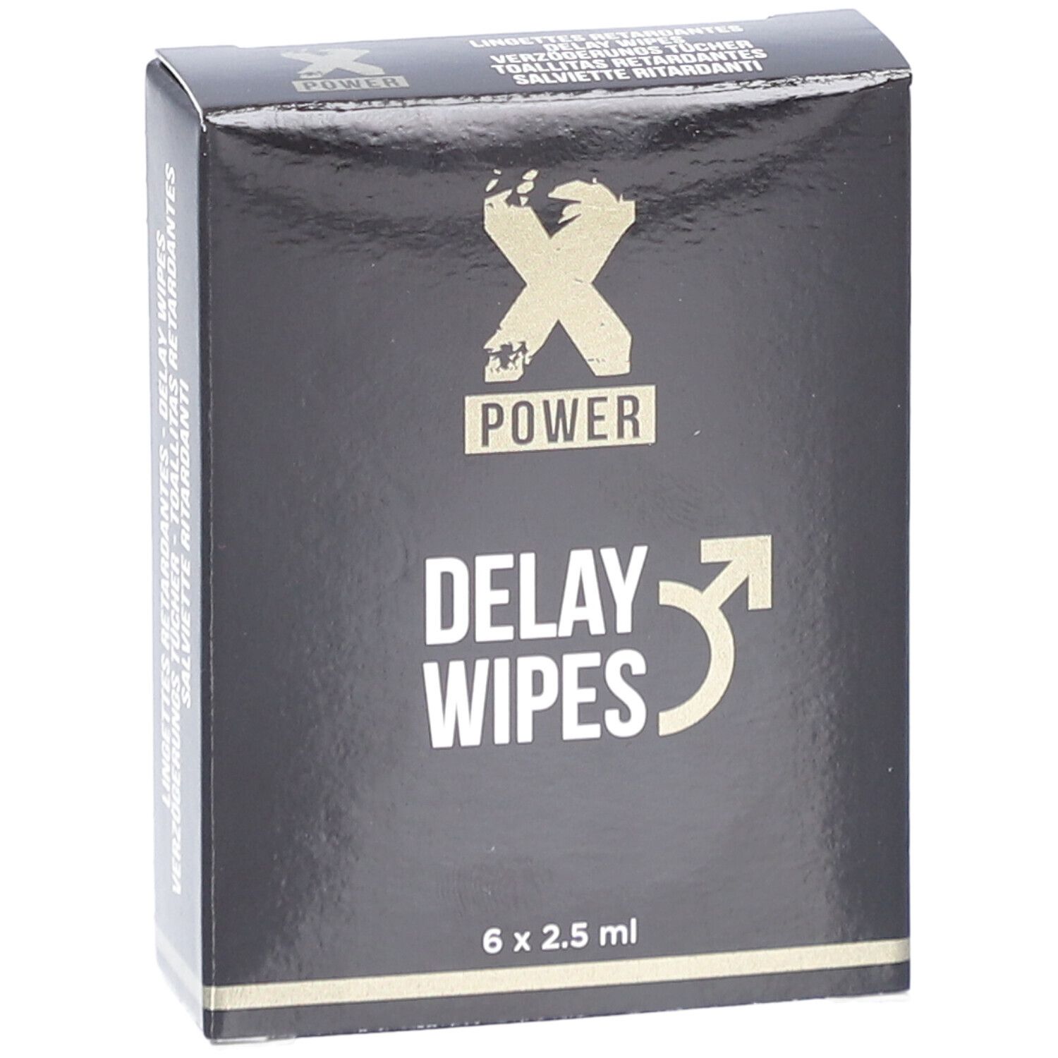 Schwarze Schachtel mit "X POWER" Logo und "DELAY WIPES" Schriftzug. 6 x 2.5 ml.
