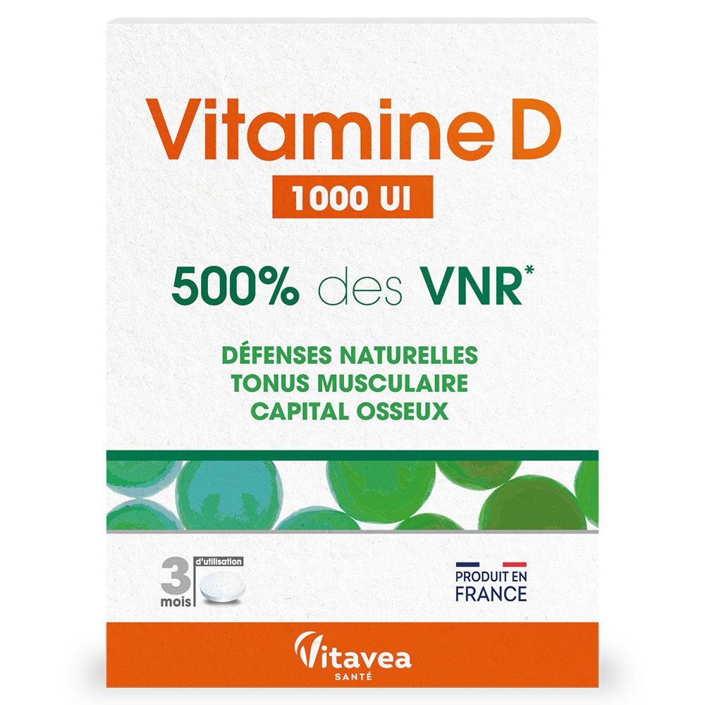 Boîte de Vitamine D 1000 UI. Inscription : 500% des VNR. Marque : Vitavea. Fabriqué en France.