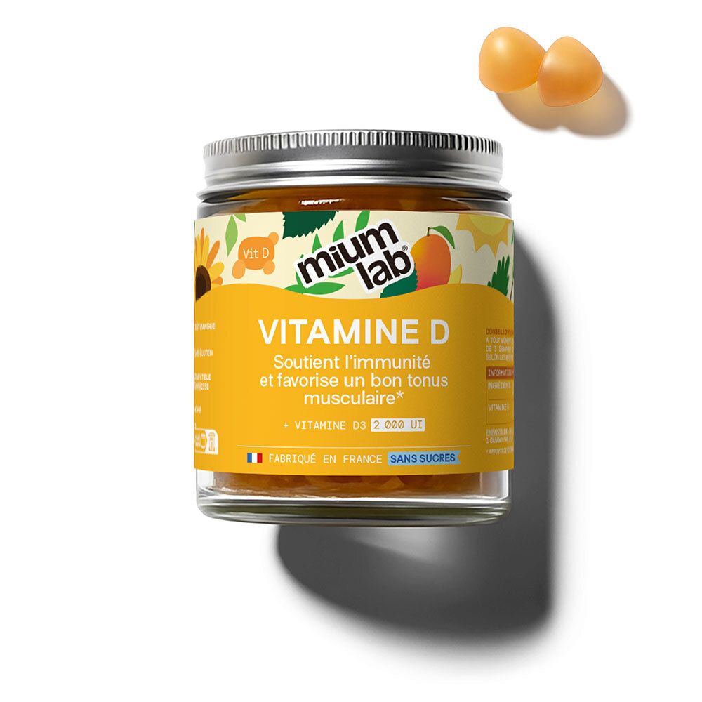 Glas mit Vitamin D Gummibärchen. Aufschrift: Vitamin D, ohne Zucker. 42 Gummis. Deckel aus Metall.
