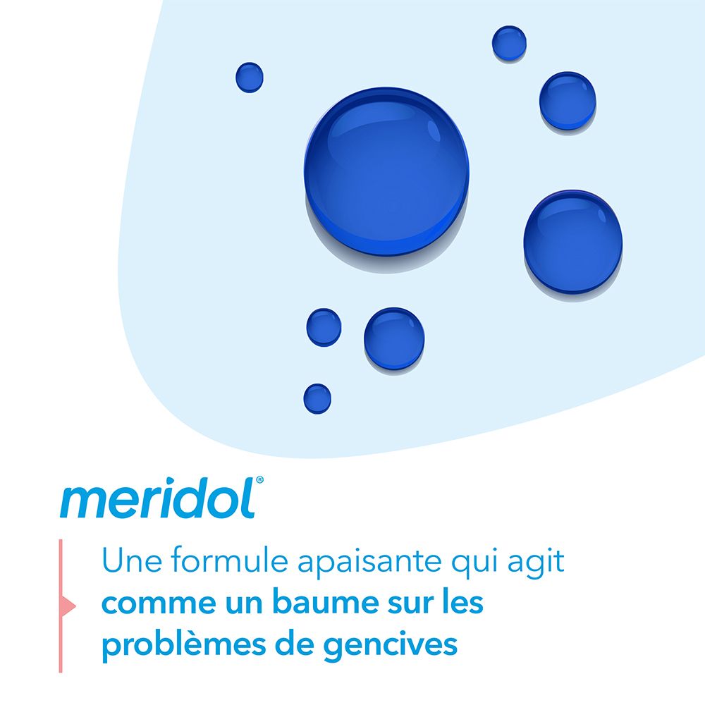 Graphique avec des gouttes bleues et le mot meridol®. Texte: Une formule apaisante qui agit comme un baume sur les problèmes de gencives.