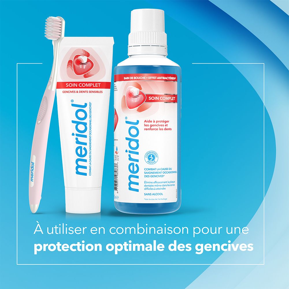 Brosse à dents, dentifrice et bain de bouche meridol®. Inscription: Soin Complet. Pour une protection optimale des gencives.