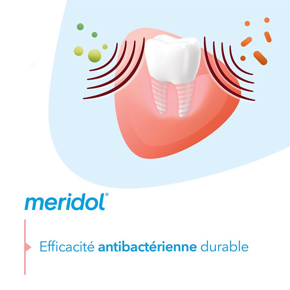 Graphique avec dent et bactéries. Texte: Efficacité antibactérienne durable.