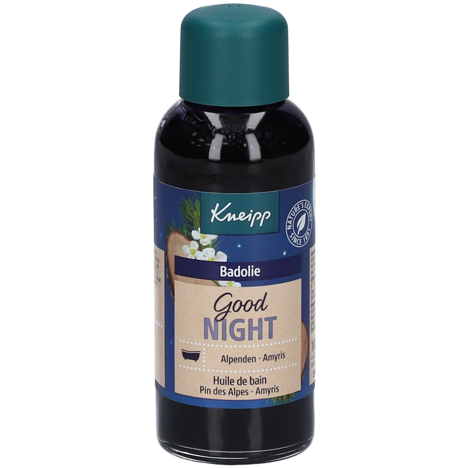 Kneipp Badezusatz Flasche. Dunkle Flüssigkeit, grüner Deckel. Aufschrift: Good Night, Badolie.