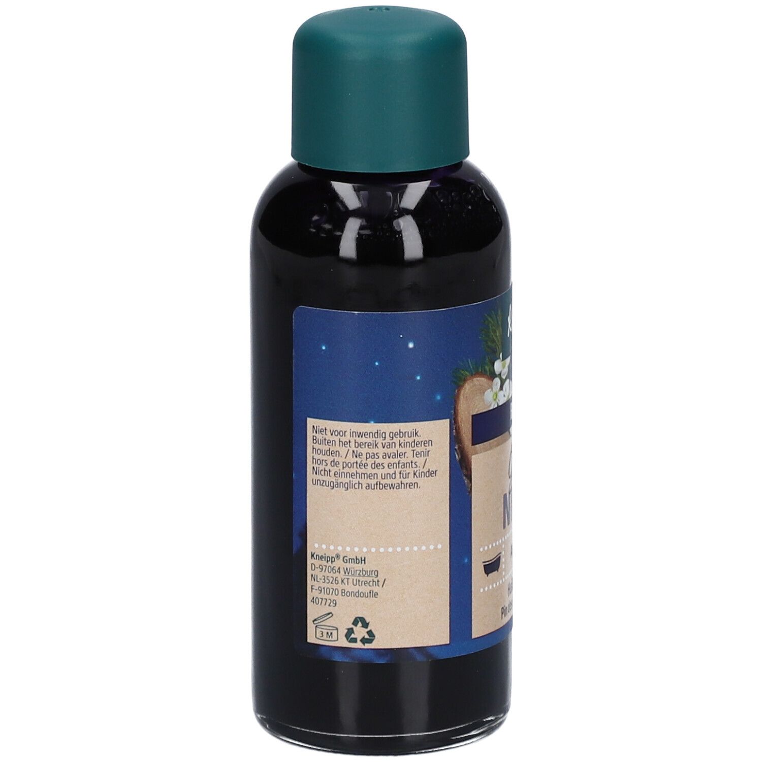 Rückseite der Kneipp Badezusatz Flasche. Text und Logo. Grüner Deckel, dunkle Flüssigkeit.