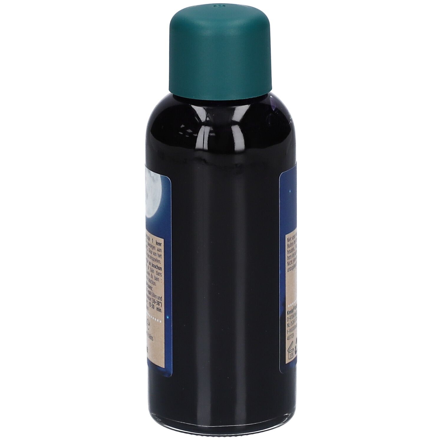 Rückansicht der Kneipp Badezusatz Flasche. Grüner Deckel, dunkle Flüssigkeit, Text.