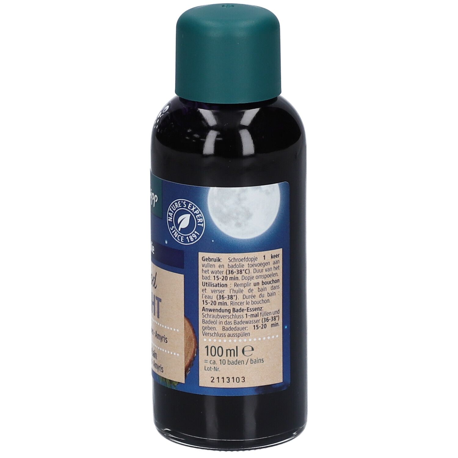 Rückseite der Kneipp Badezusatz Flasche. Text, grüner Deckel, dunkle Flüssigkeit.