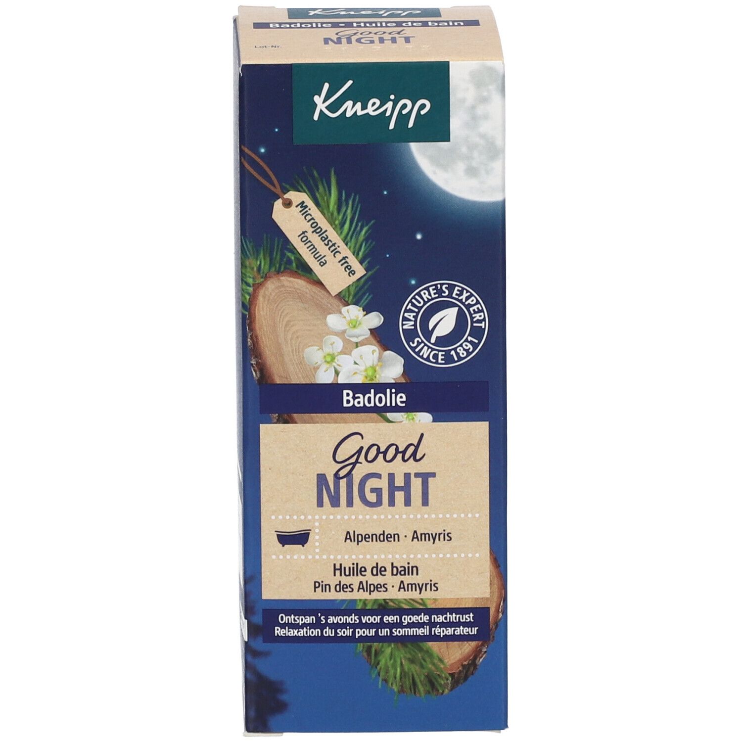 Kneipp Badezusatz Verpackung. Aufschrift: Good Night, Badolie. Produktetikett.