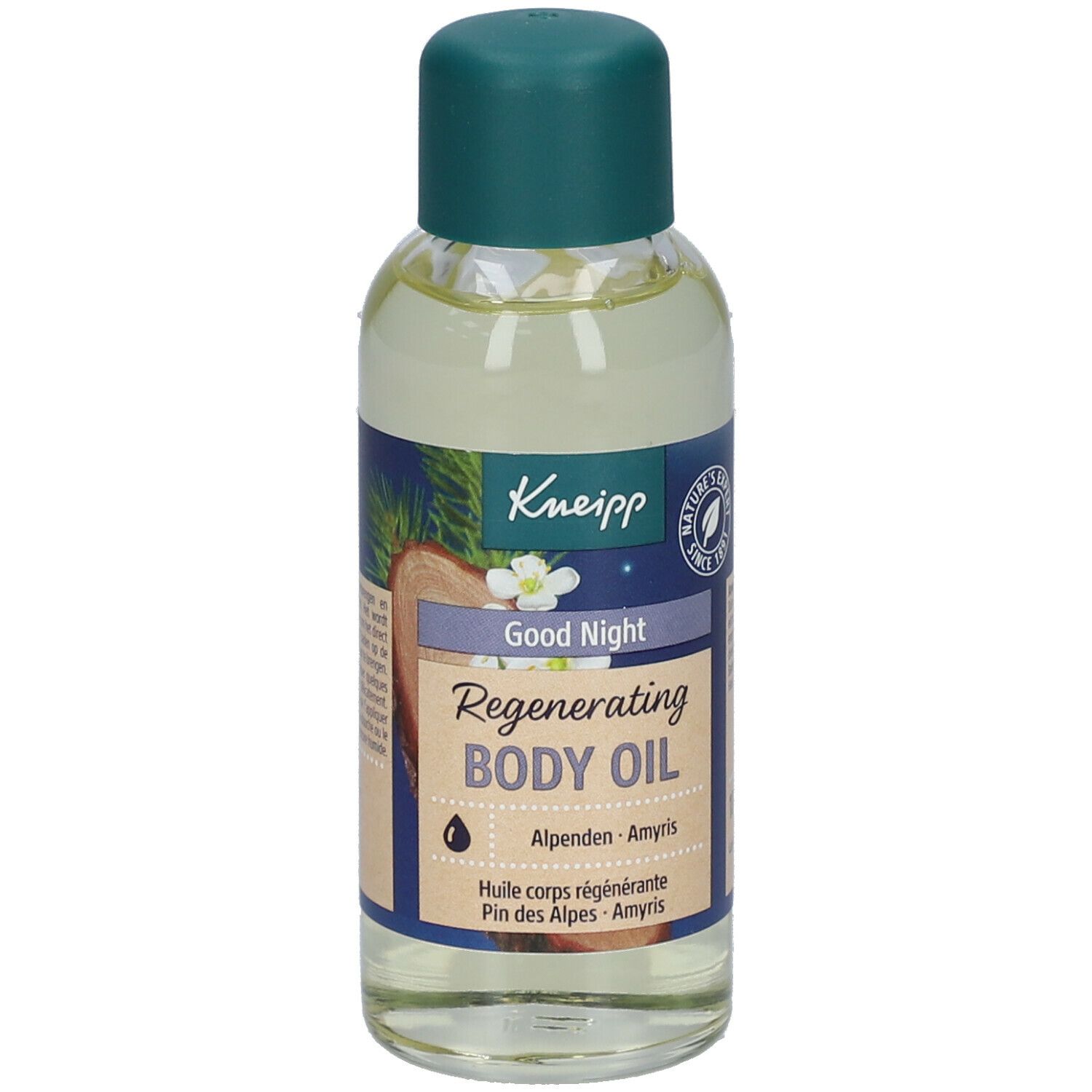 Kneipp® Körperöl-Fläschchen mit grünem Deckel. Aufschrift: Good Night, Regenerating Body Oil. Mit Illustrationen von Holz und Pflanzen.