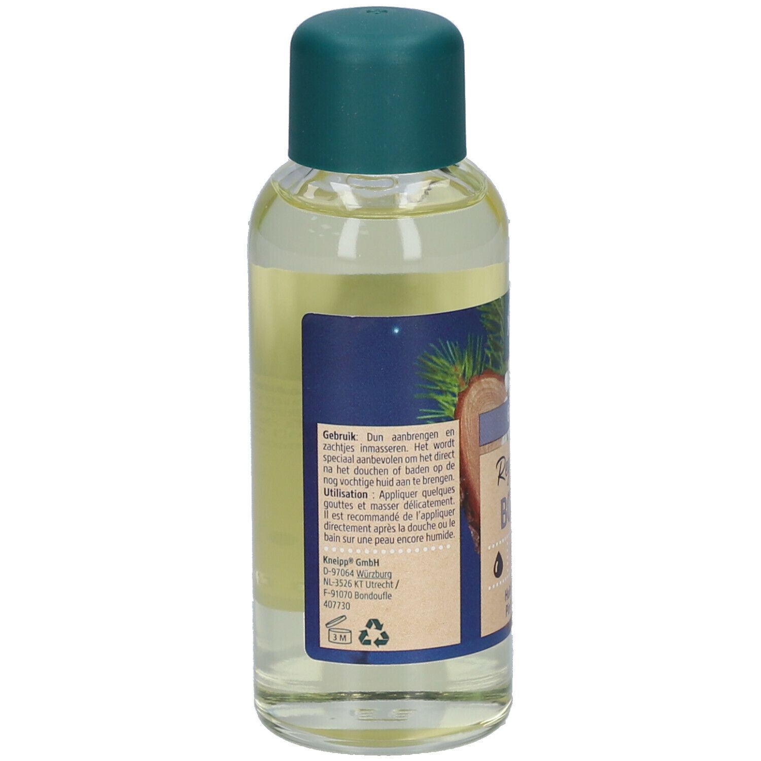 Rückseite des Kneipp® Körperöl-Fläschchens. Text in mehreren Sprachen. Mit Illustrationen von Holz und Pflanzen.