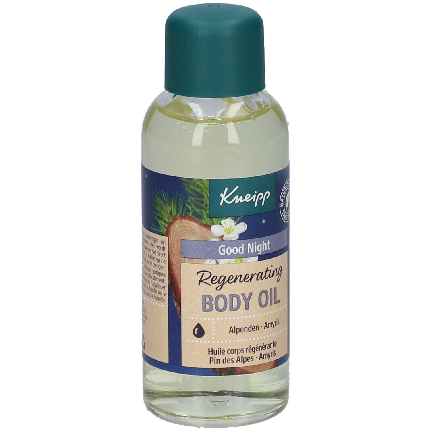 Kneipp® Körperöl-Fläschchen mit grünem Deckel. Aufschrift: Good Night, Regenerating Body Oil. Mit Illustrationen von Holz und Pflanzen.