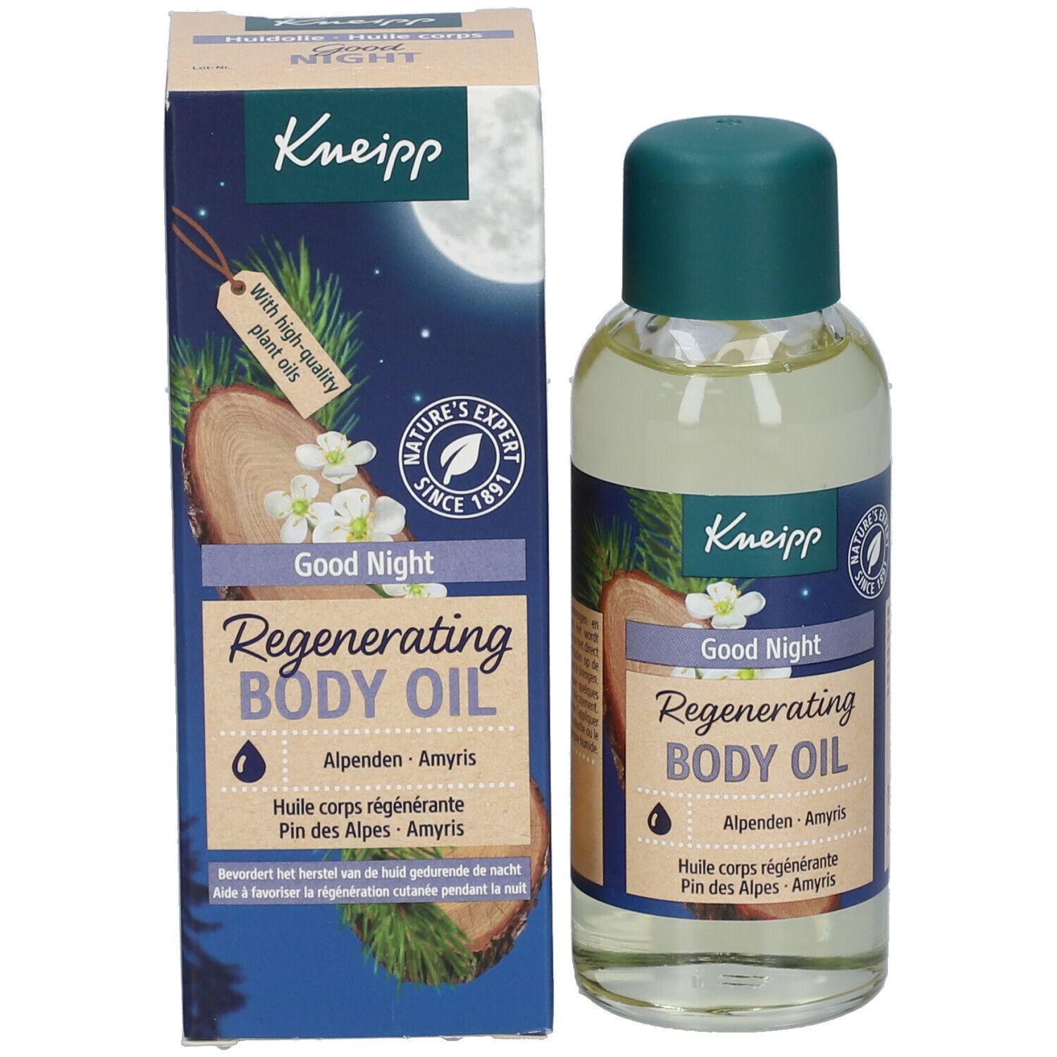 Kneipp® Körperöl-Fläschchen und Verpackung. Aufschrift: Good Night, Regenerating Body Oil. Mit Illustrationen von Holz und Pflanzen.