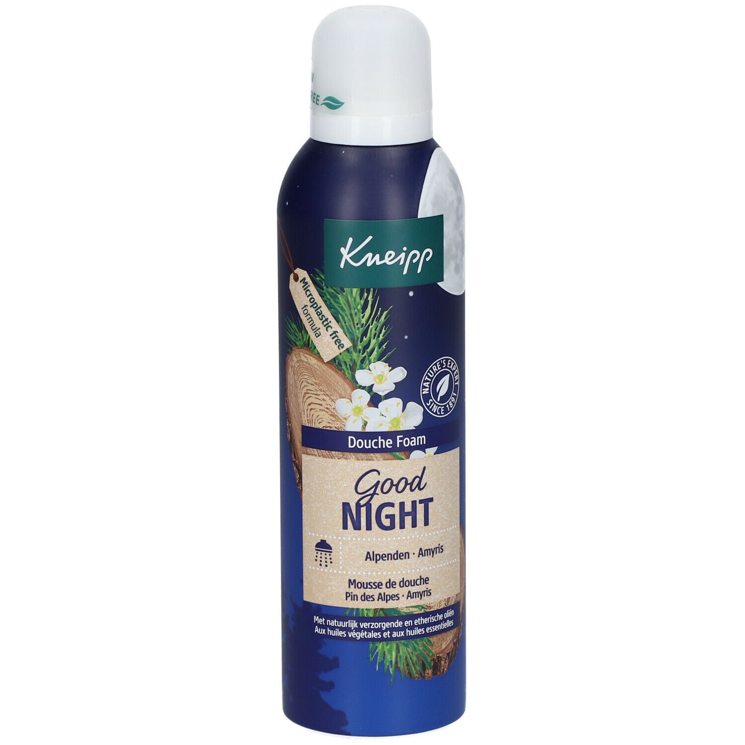 Flacon de mousse de douche avec bouchon blanc. Boîte bleue avec nom et logo du produit. Motif pin/amyris, lune et plantes.