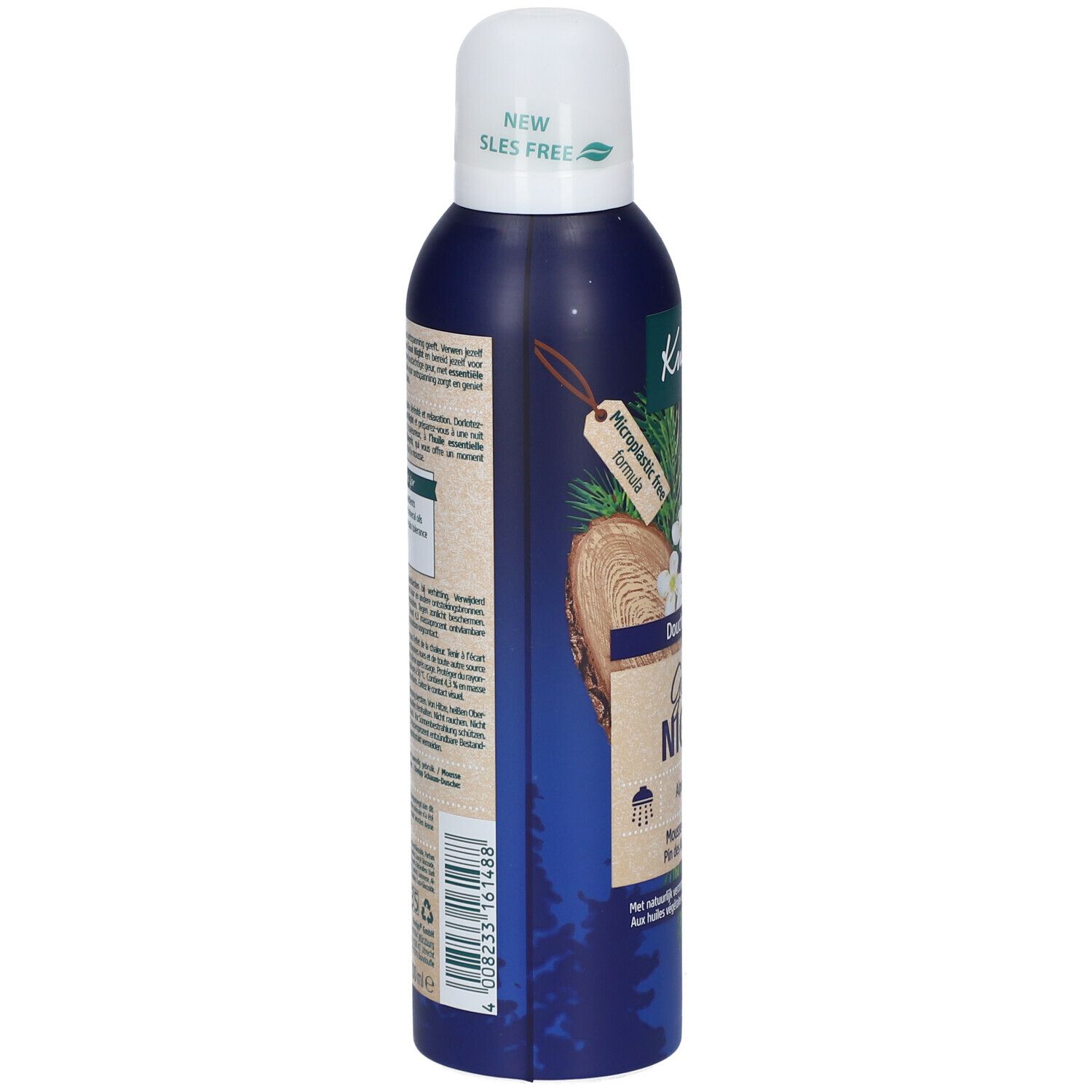 Flacon de mousse de douche bleu. Impression avec informations sur le produit et code-barres. Bouchon blanc avec inscription 'SLES FREE'.