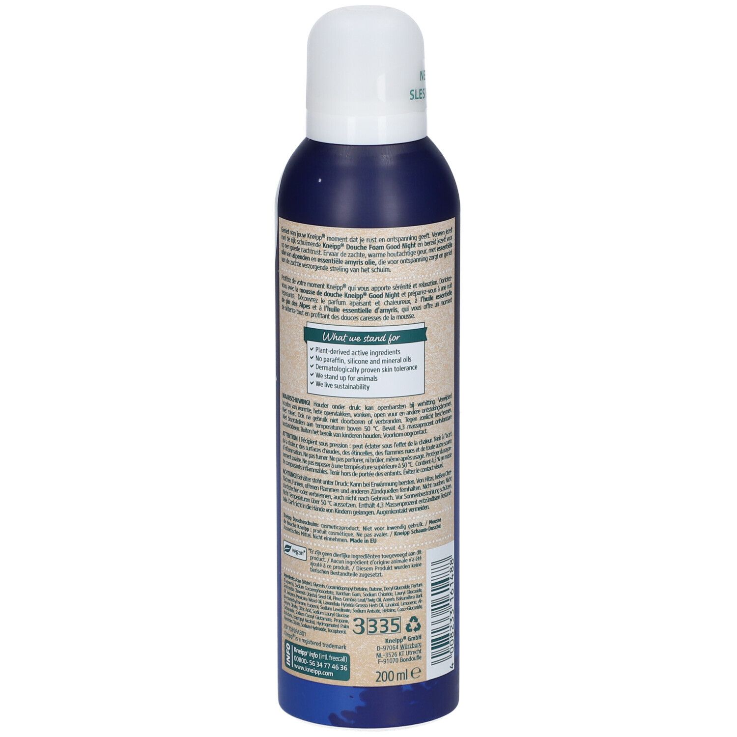 Dos du flacon de mousse de douche. Informations textuelles en plusieurs langues. Code-barres et indication de volume 200ml.